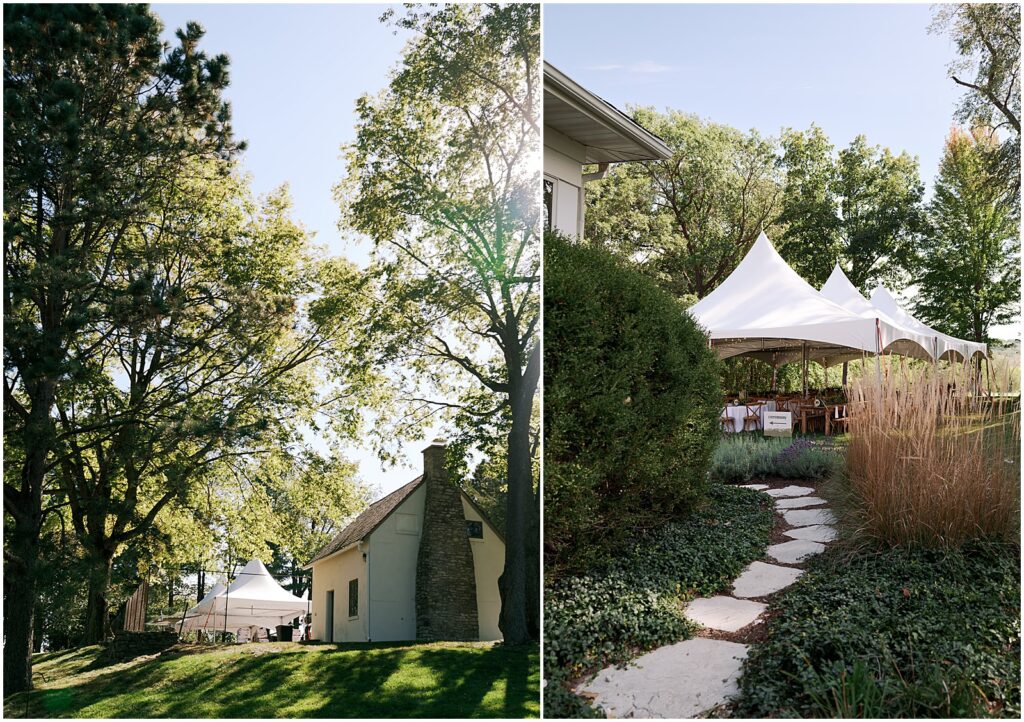 A tent sits at the end of a garden path for a Iowa City wedding at a private estate.