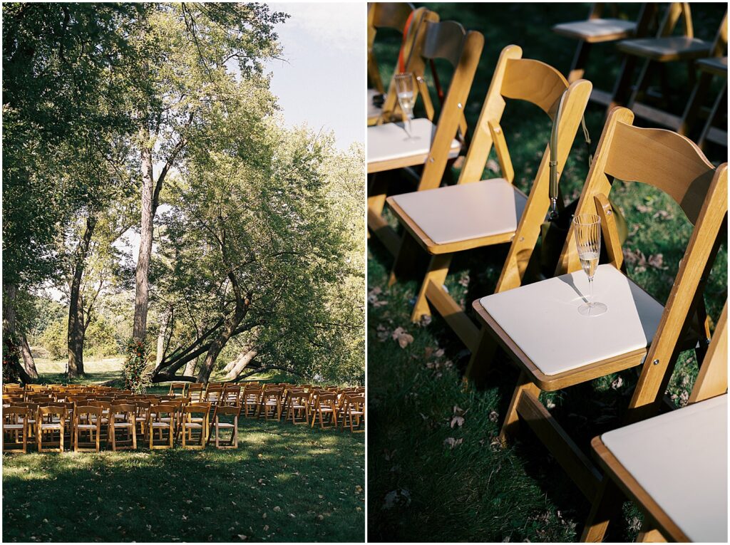 Champagne glasses sit on chairs at an outdoor wedding venue in Iowa.