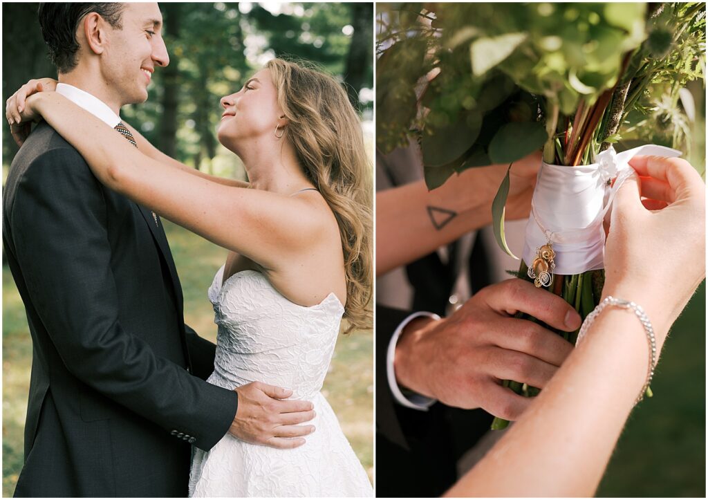 A groom holds a bridal bouquet while a bride fastens a memorial photo to it.