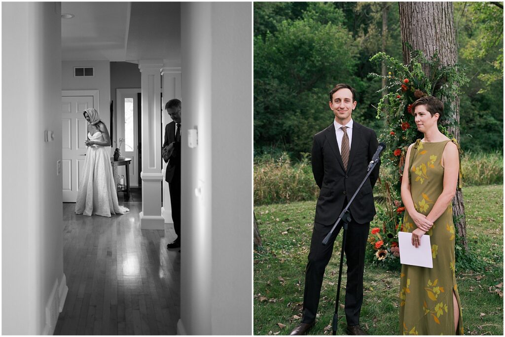 A groom smiles at a ceremony spot at an Iowa City wedding at a private estate.