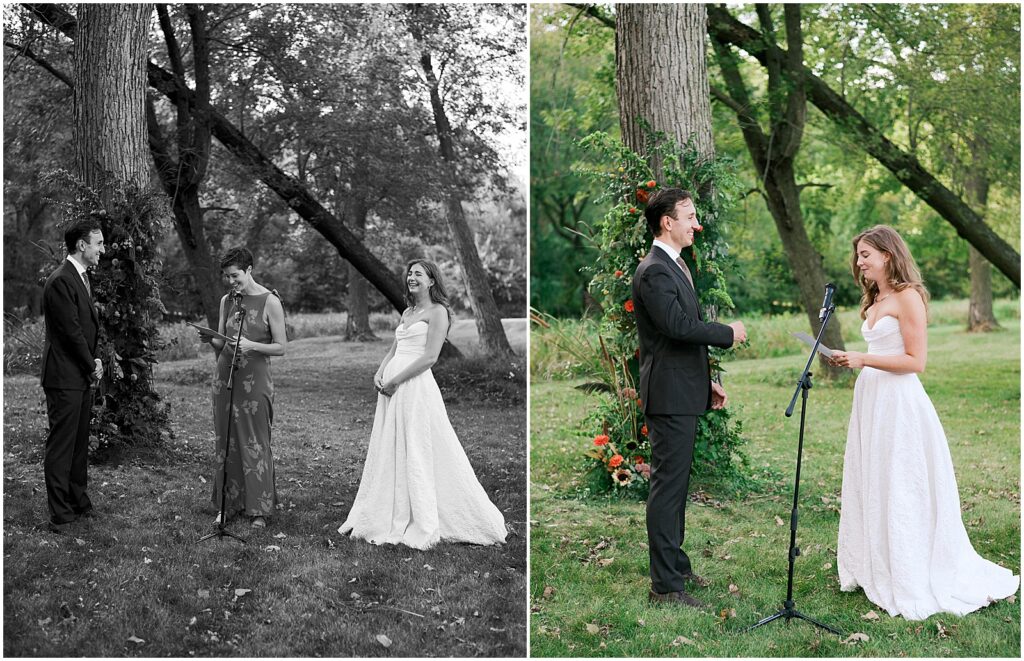 A bride and groom exchange vows beside a floral installation at an outdoor wedding in Iowa City.