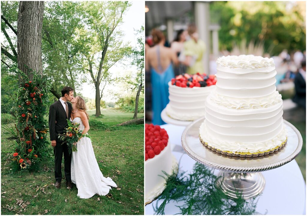 Fruit decorates wedding cakes sitting on a dessert table at a wedding at a private estate.