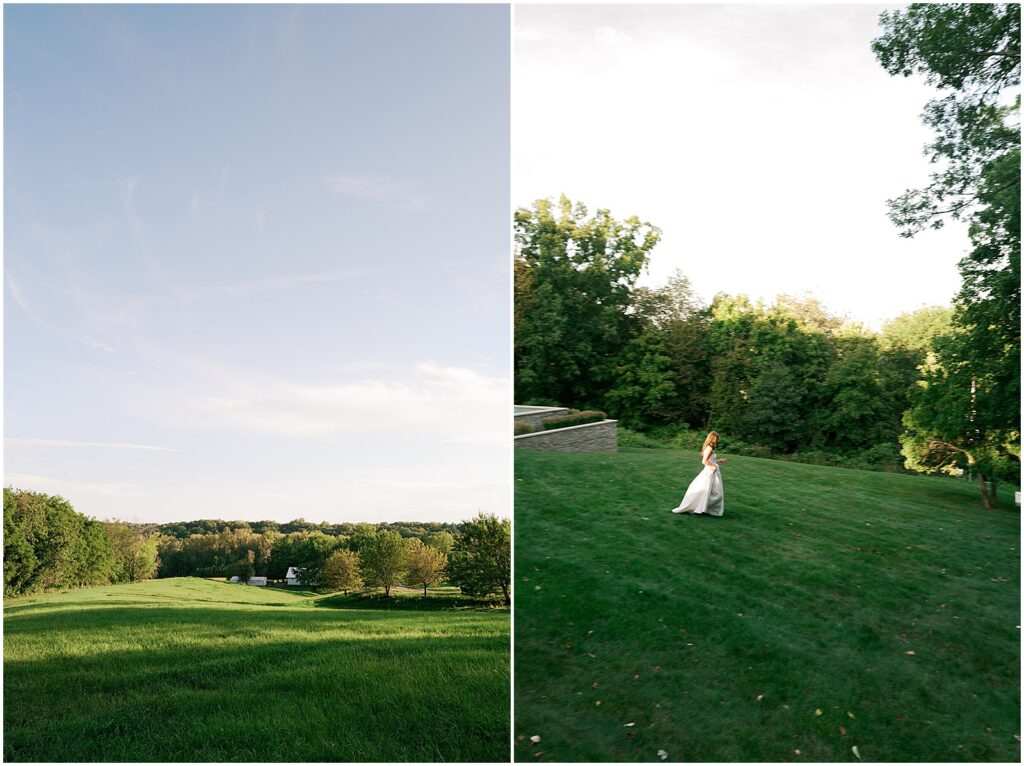 A bride walks down a grassy hillside after an Iowa City wedding.