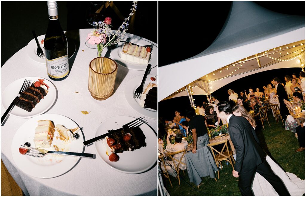 Slices of cake sit beside cocktails on a wedding reception table.