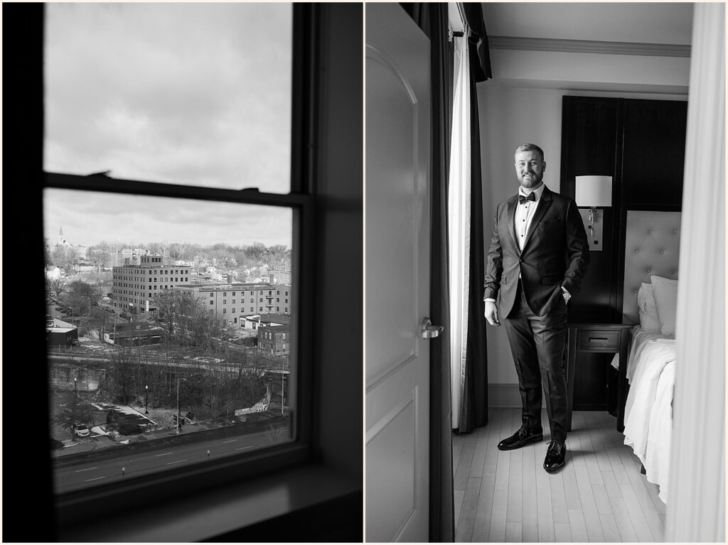 A groom poses for a black and white wedding photo in a Davenport hotel.