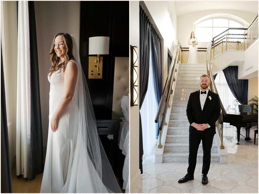 A bride poses beside a window in a room at Hotel Blackhawk.