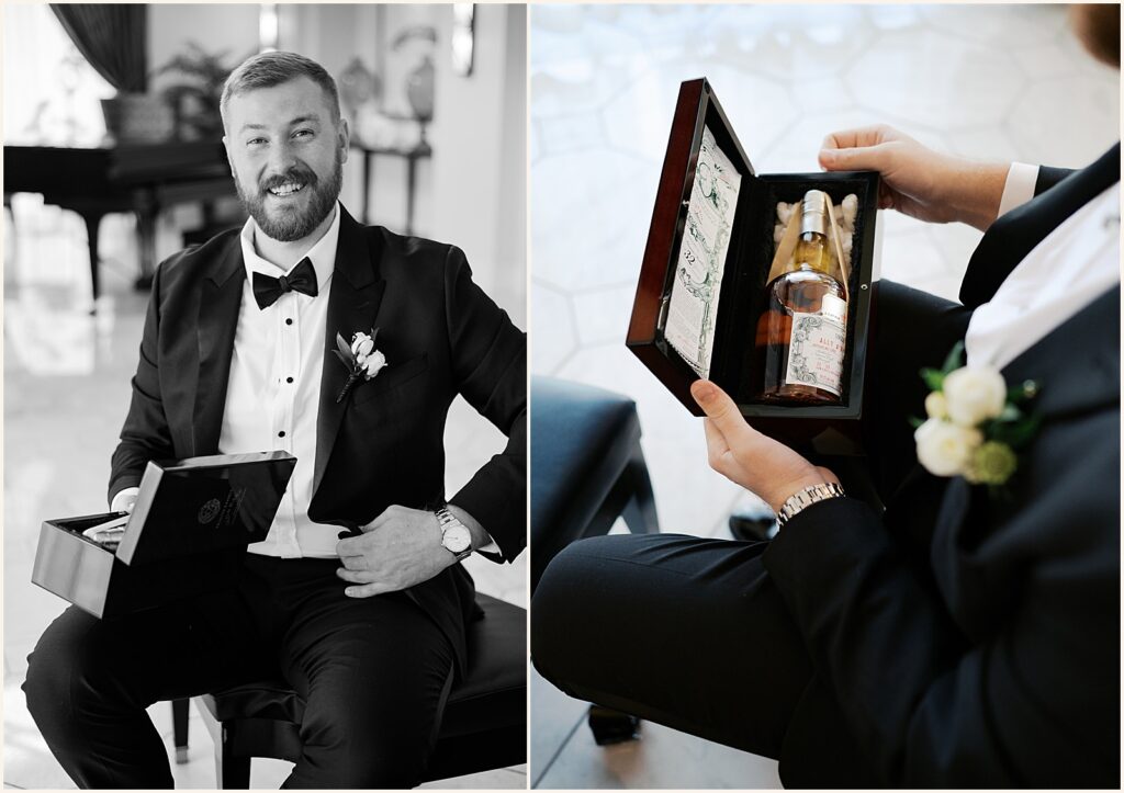 A groom opens a custom bottle of bourbon.