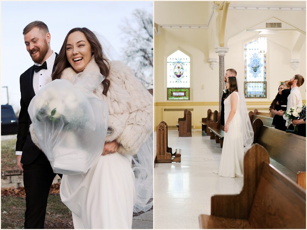 A bride and groom smile as they approach a Davenport church.