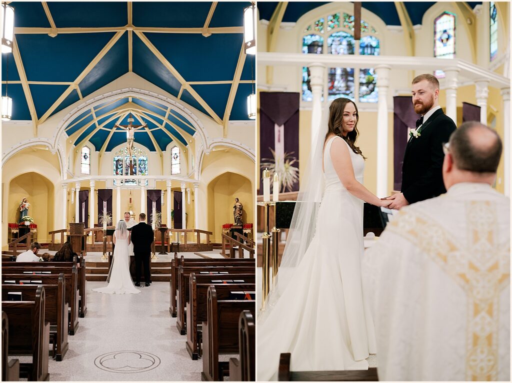 A bride and groom hold hands during a church wedding ceremony.