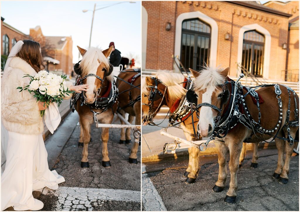 A bride pets a horse's nose.