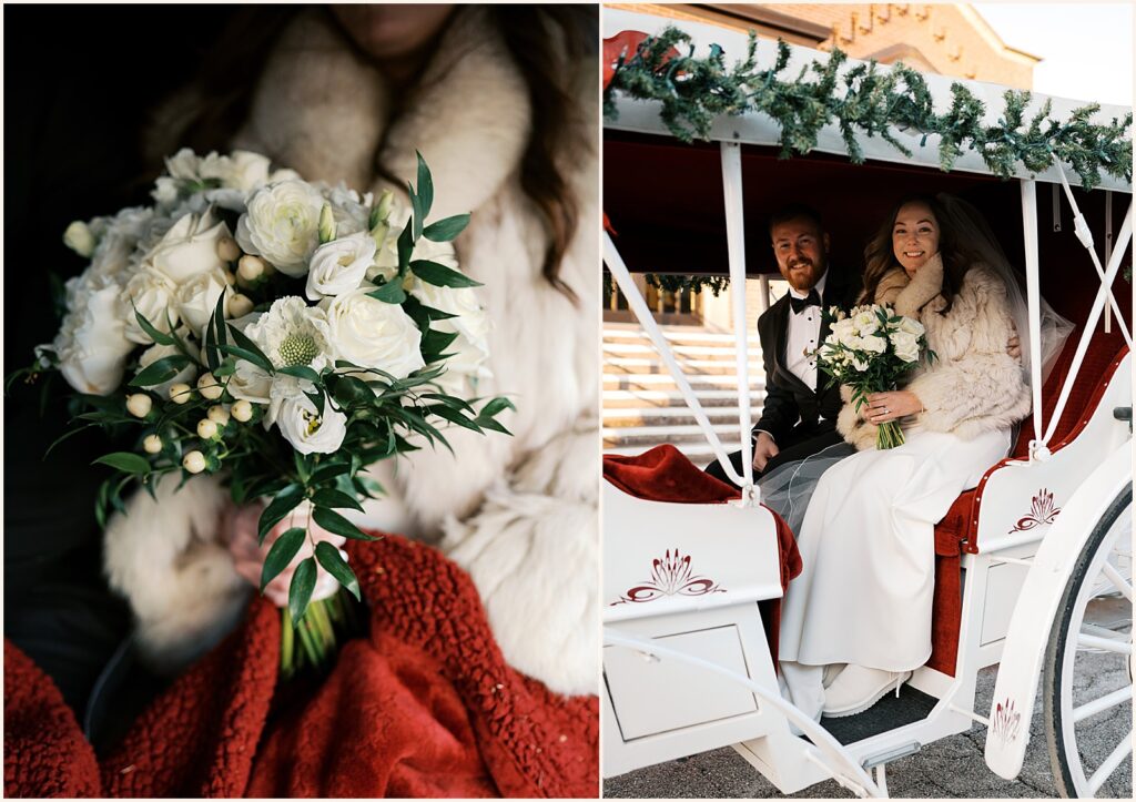 A bride and groom sit in a horse-drawn carriage during their Davenport wedding.