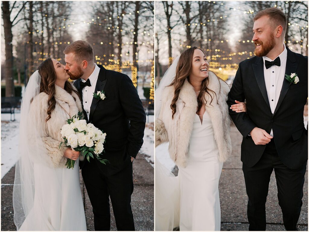 A bride and groom laugh as they walk down a park path in Davenport.