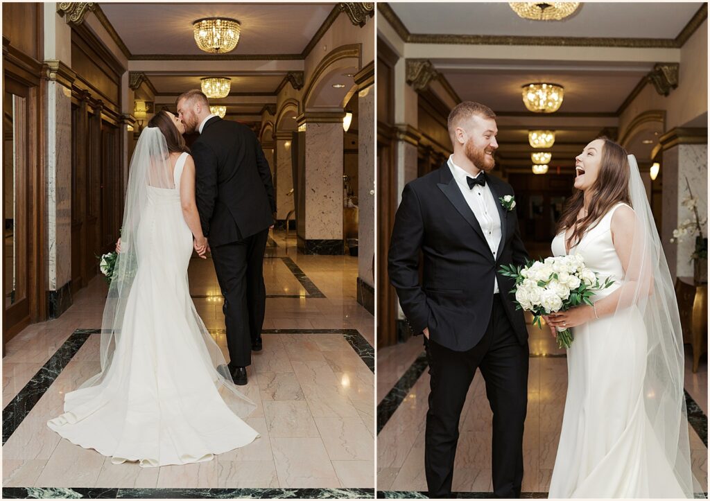A bride and groom laugh in a hallway at Hotel Blackhawk.