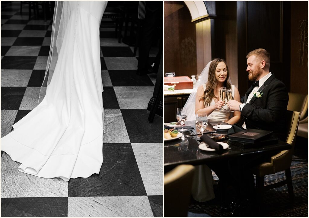 A bride and groom sit in a private dining room at their Hotel Blackhawk wedding.