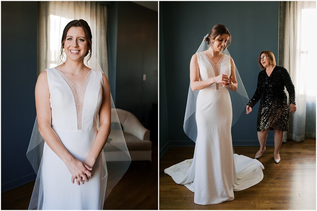A bride poses in her wedding dress in a room at Hotel Fort Des Moines.