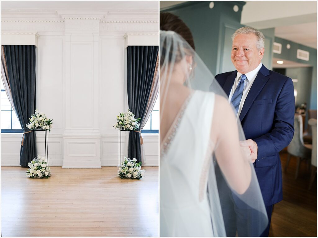 White flowers stand on either side of a ceremony installation at a Hotel Fort Des Moines wedding.