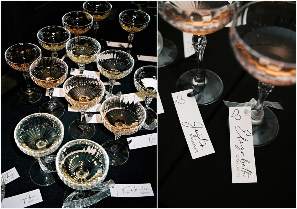 Champagne glasses are labeled with wedding guests' names.