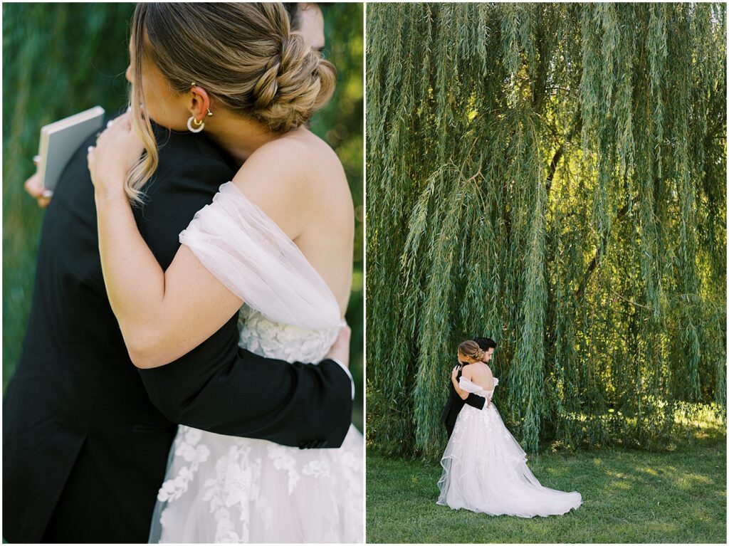 A bride and groom embrace beside a willow tree at a Wilson's Ciderhouse wedding.