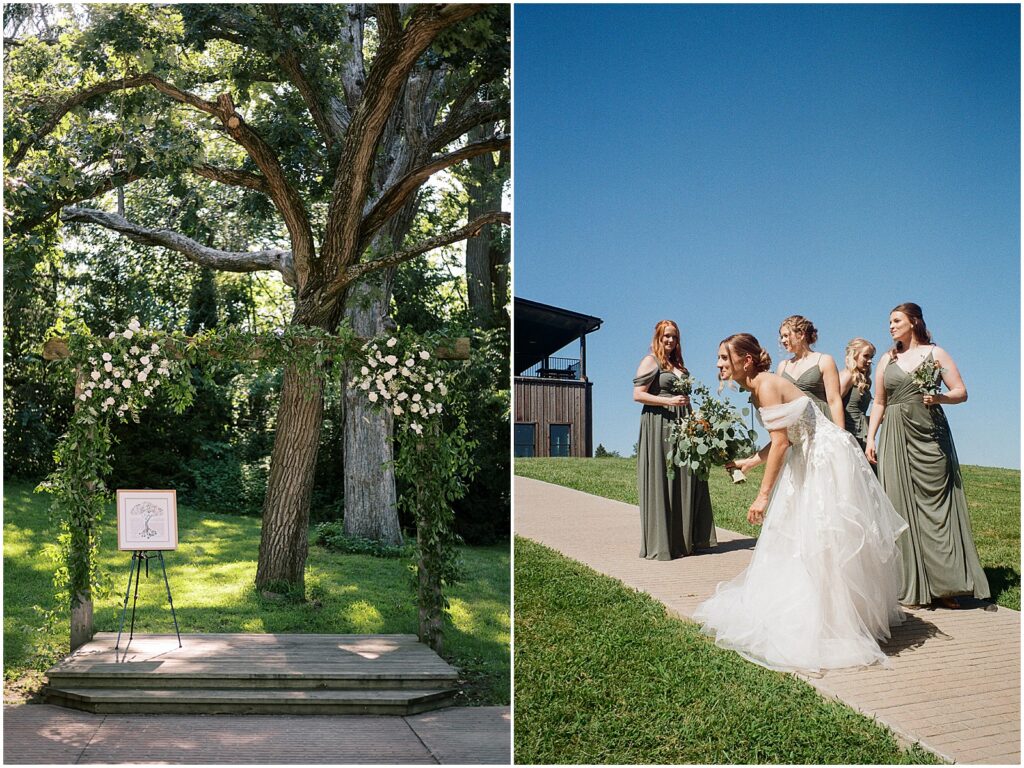 A ketubah sits on an easel beneath a floral arch at a wedding ceremony at Wilson's Ciderhouse.