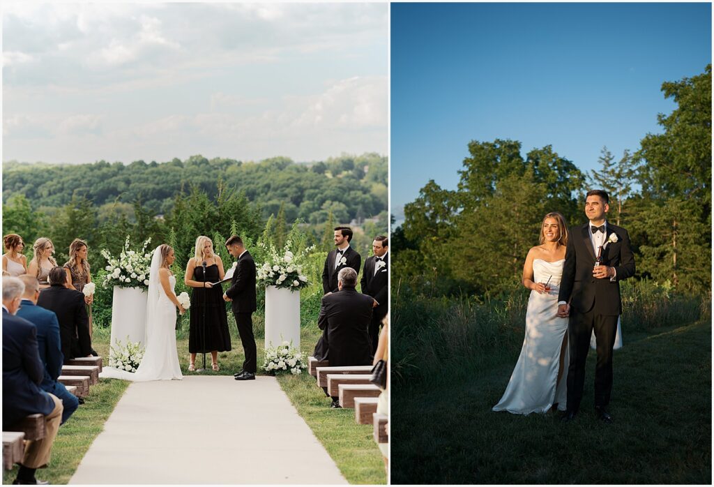 A bride and groom pose for an Eastern Iowa wedding photographer in a field.