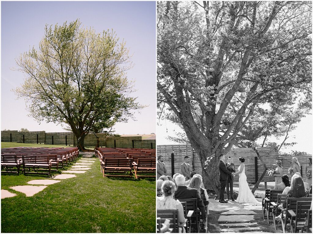 A bride and groom hold hands during a wedding ceremony beneath a tree at an Eastern Iowa wedding venue.