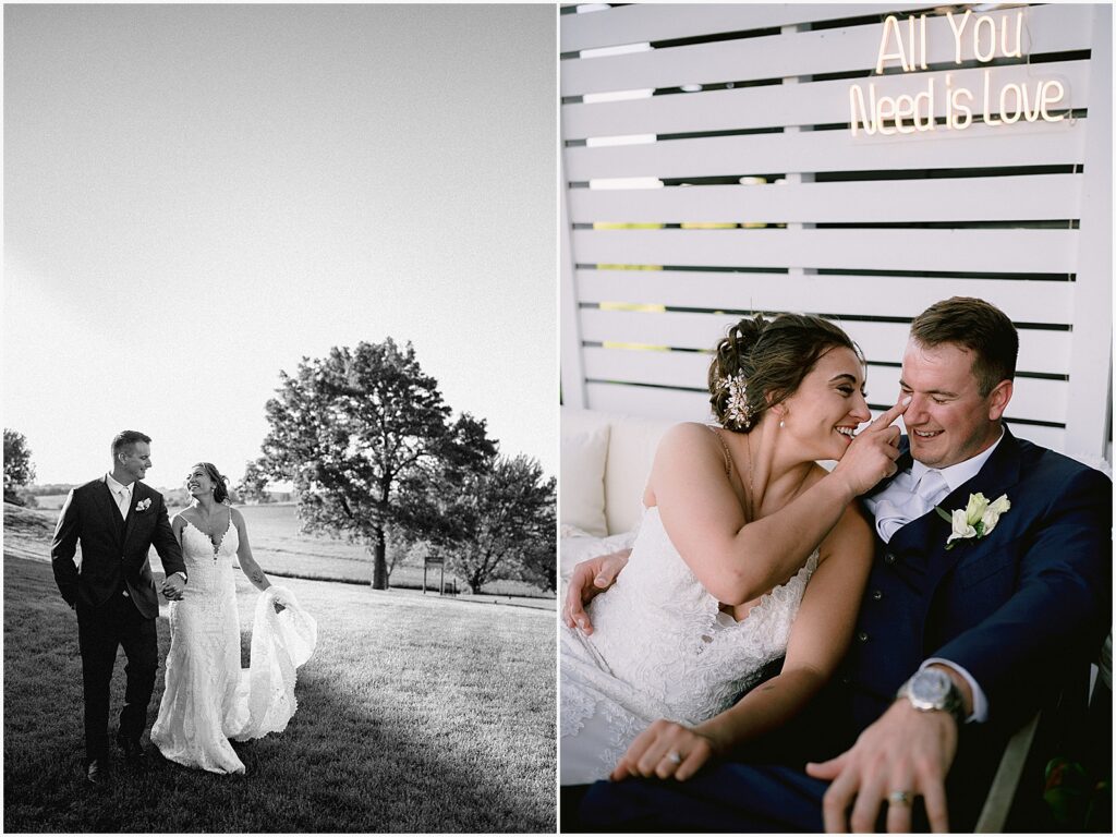 A bride wipes away a groom's tear beneath a neon sign inside an Eastern Iowa wedding venue.