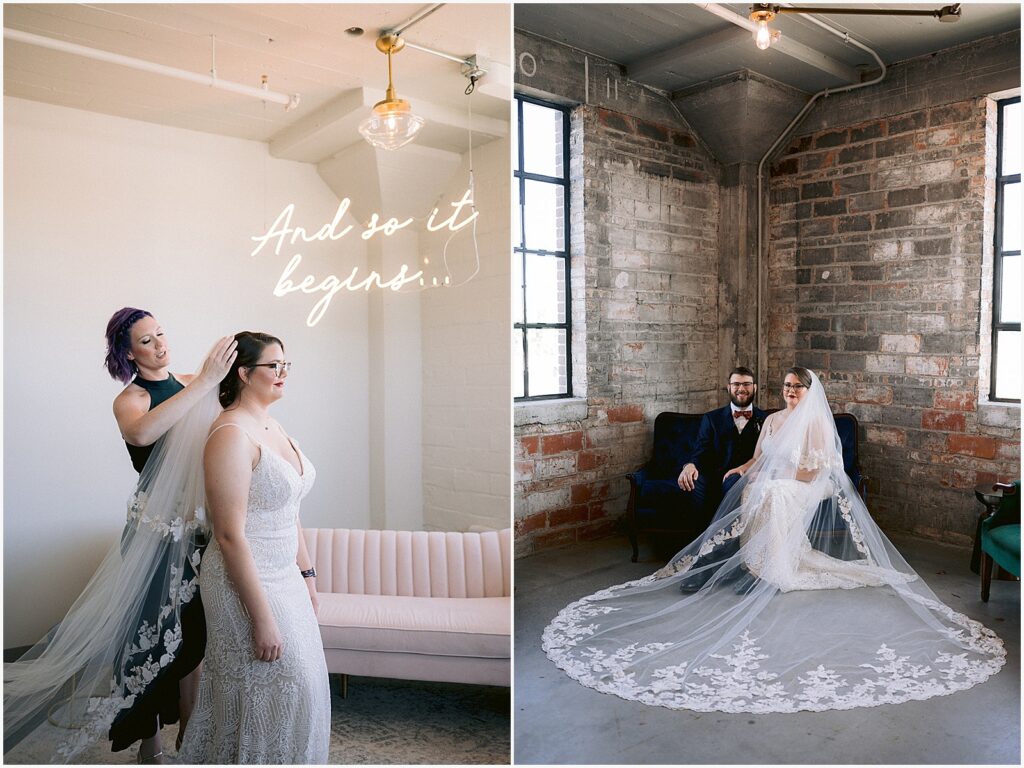A bride's mother puts her veil on at the Harmac Iowa.