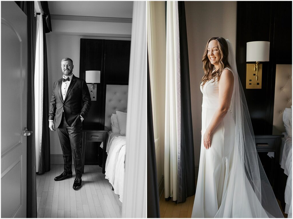 A bride smiles beside a window in an Eastern Iowa hotel.