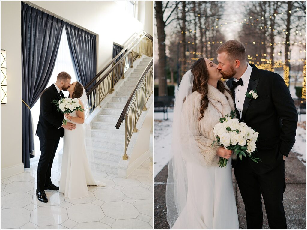 A bride and groom kiss at the foot of a staircase in an Eastern Iowa wedding venue.