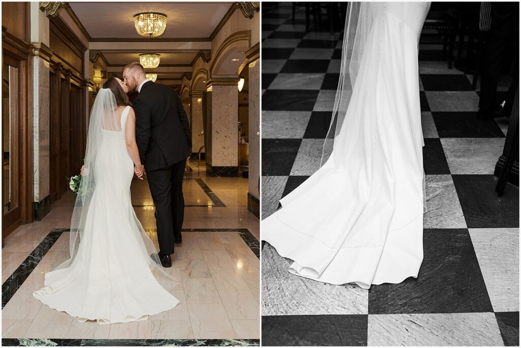 A bride's wedding dress train trails across a checkered hotel floor at an Iowa wedding.