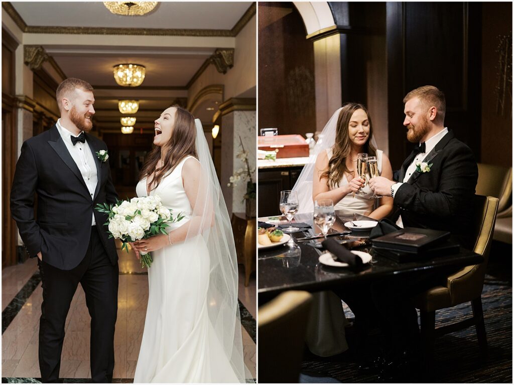 A bride and groom clink glasses at a restaurant table.