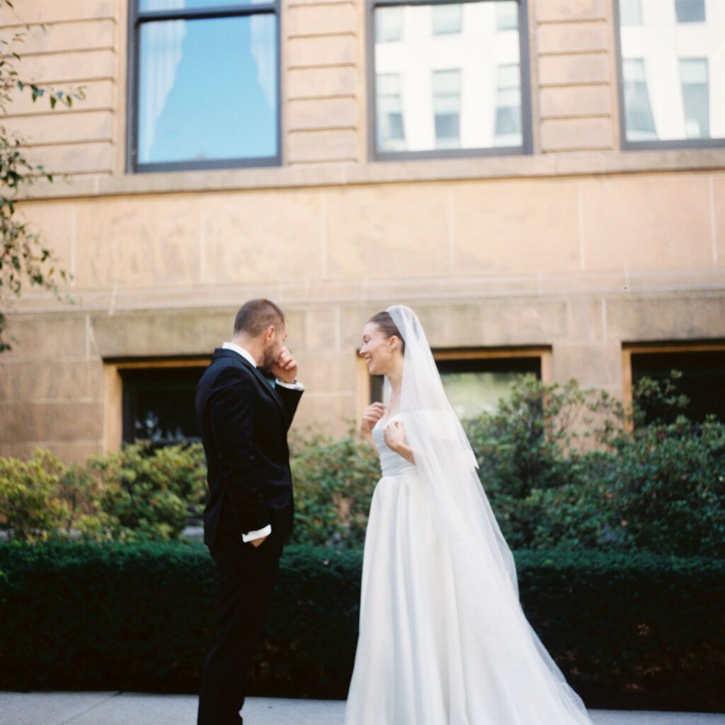 Bride and groom first look, captured in a documentary style wedding photography approach