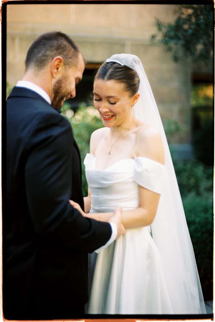 Close embrace of bride and groom